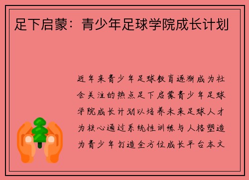 足下启蒙：青少年足球学院成长计划
